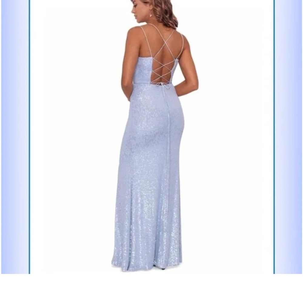 Xscape Blue Spaghetti Strap Sleeveless Gown